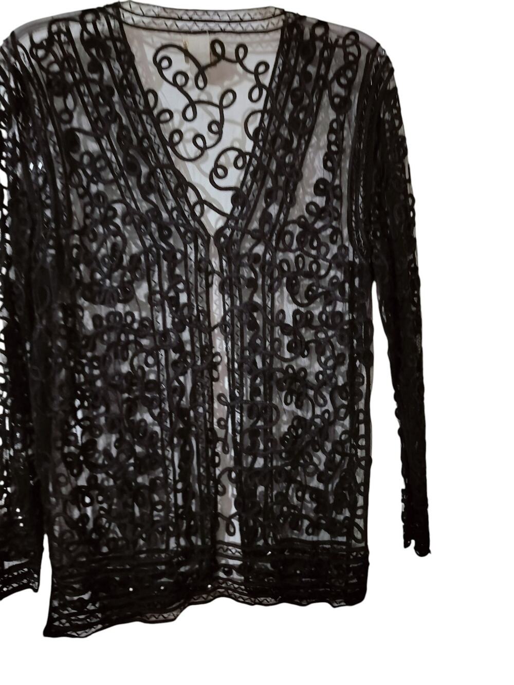 5917)Vtg 80s SAM USA Black 1X Whimsygoth Witch Sheer Mesh Rayon Evening Cardigan - Picture 1 of 10